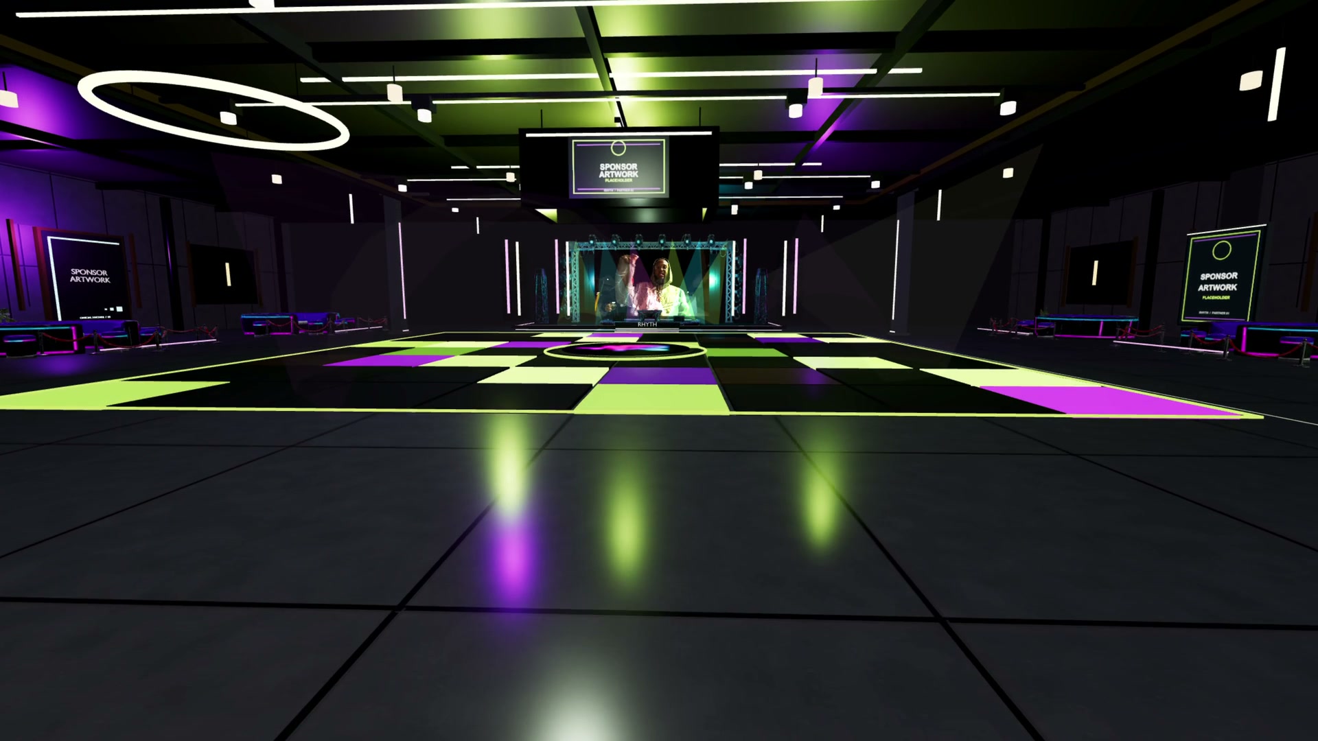Rhyth's Frequency virtual venue with a stage, dance floor and sponsor placement concepts